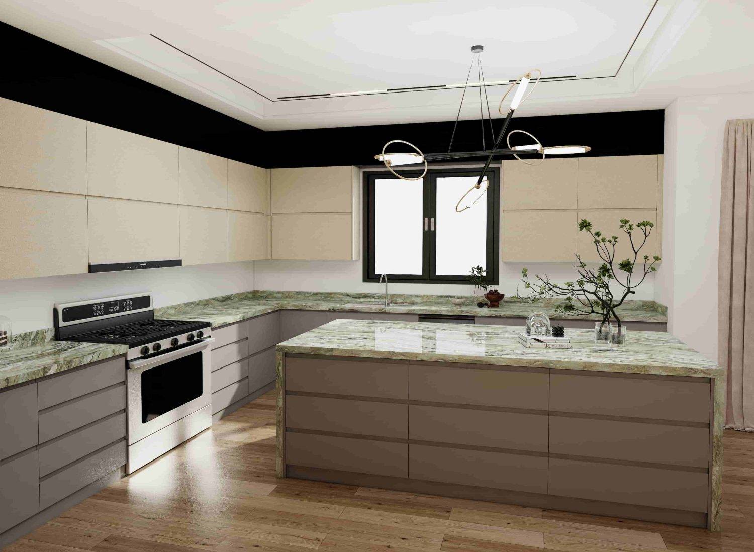 Modern Two-tone U Shaped MDF Kitchen Cabinets With Marble 2 Modern Two-tone U Shaped Kitchen Cabinets With Marble