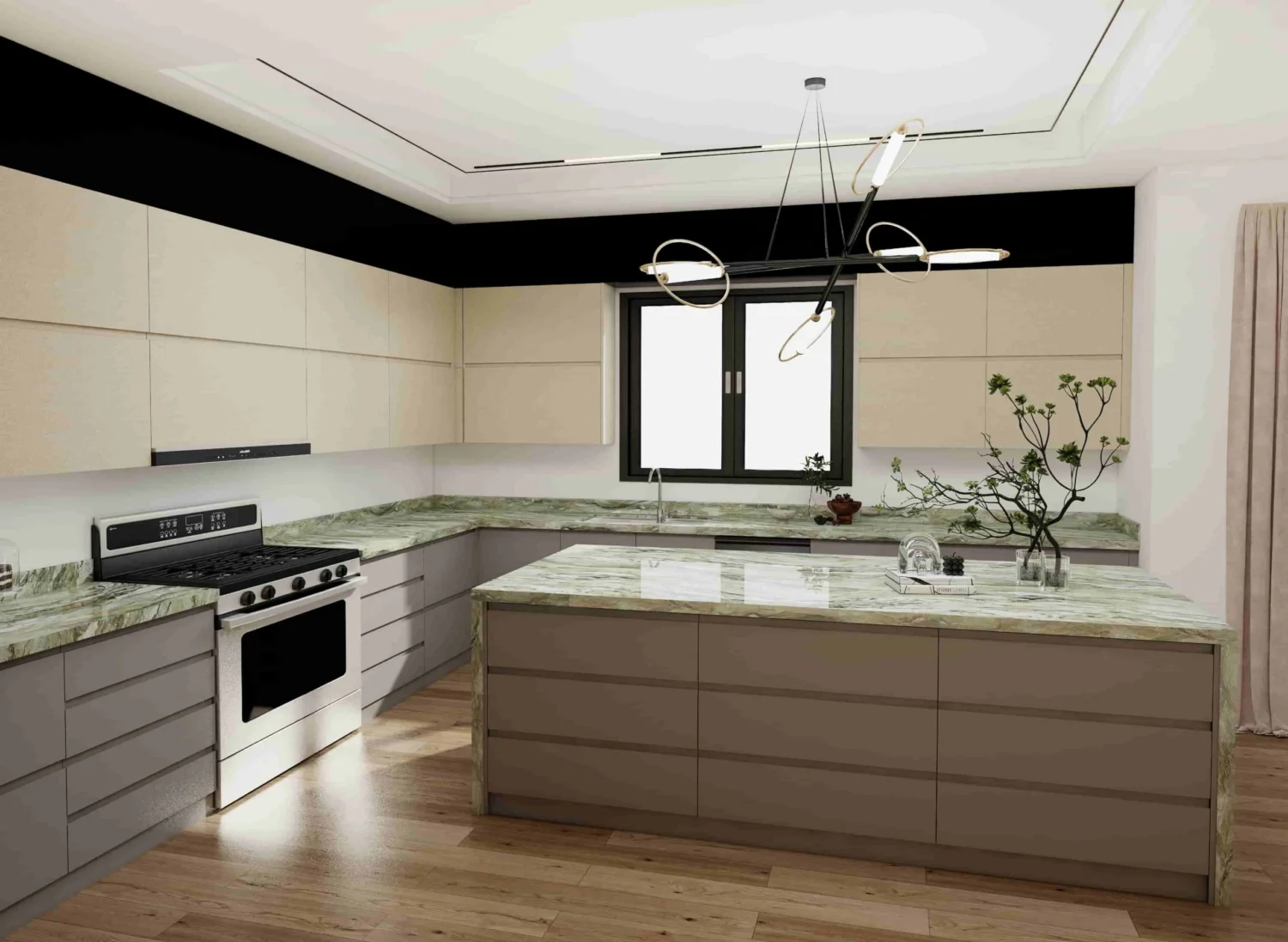 Modern Two-tone U Shaped Kitchen Cabinets With Marble