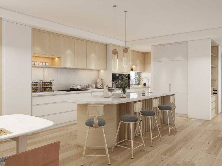 Modern White and Wood Grille Kitchen Cabinets