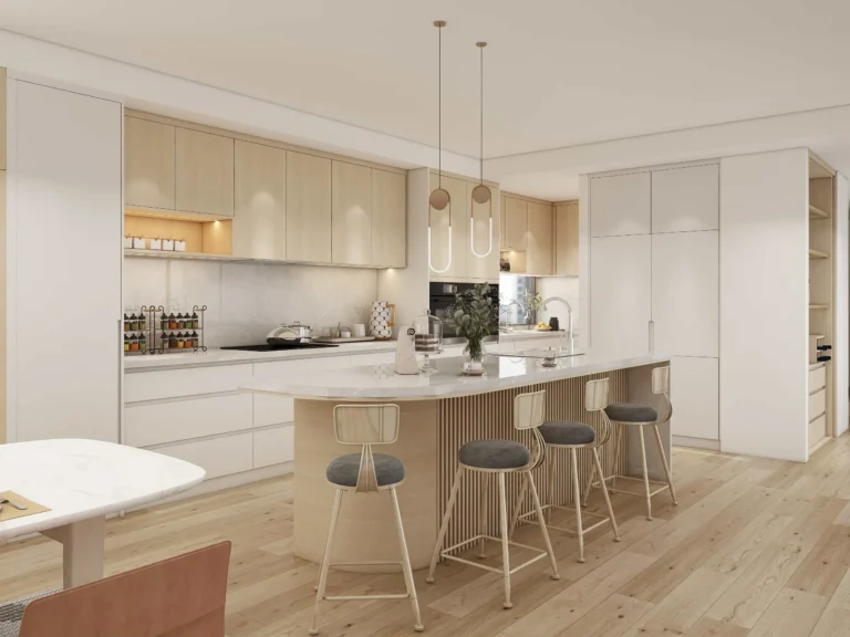 Modern White and Wood Grille Kitchen Cabinets