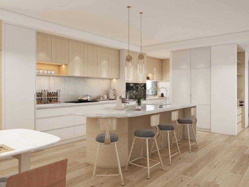 Modern White and Wood Grille Kitchen Cabinets