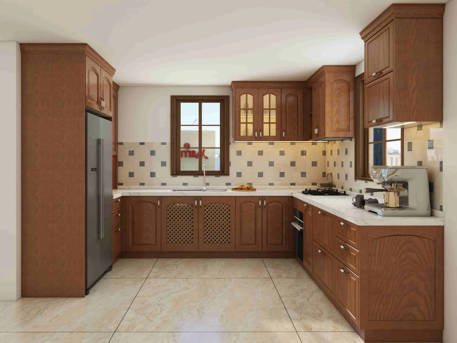 Tradiational Brown U Shaped Kitchen Cabinets
