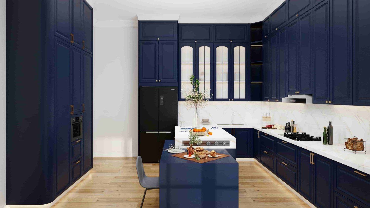 Traditional Blue Lacquer Shaker Kitchen Cabinets