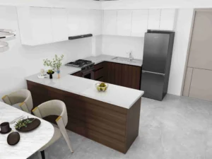 Traditional Brown and White U-Shaped Small Kitchen Cabinets
