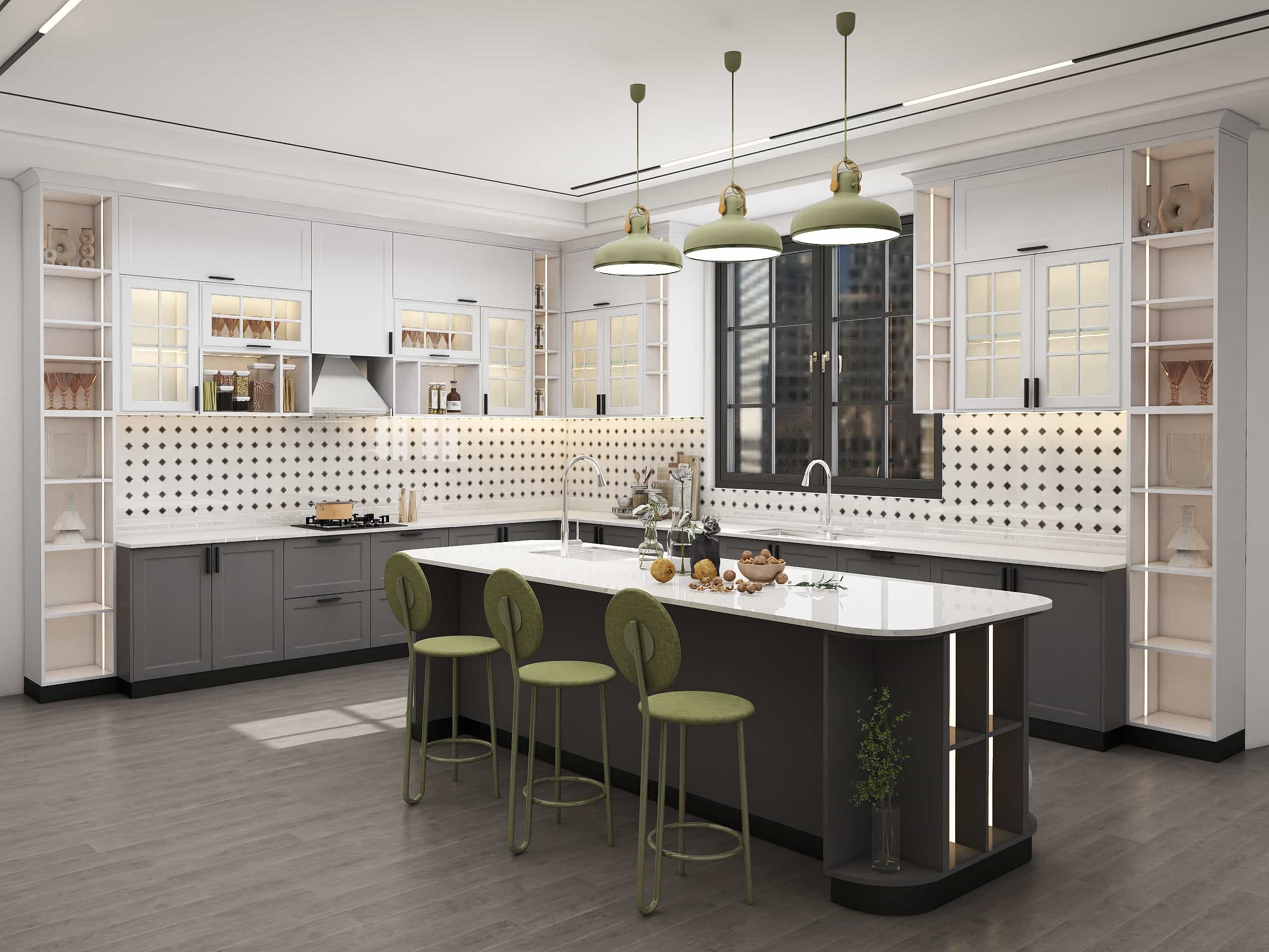 Traditional Farmhouse Two-tone Shaker L-shaped Kitchen Cabinets