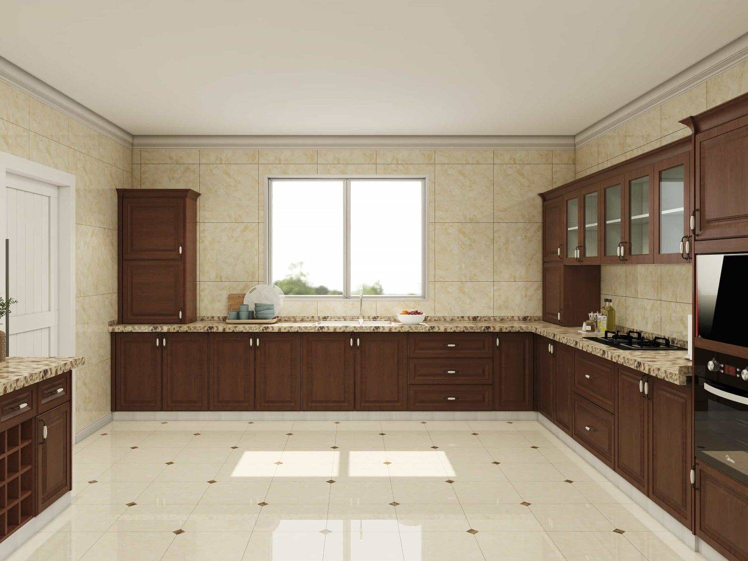 Traditional Shaker Brown L Shaped Kitchen Cabinets (3)