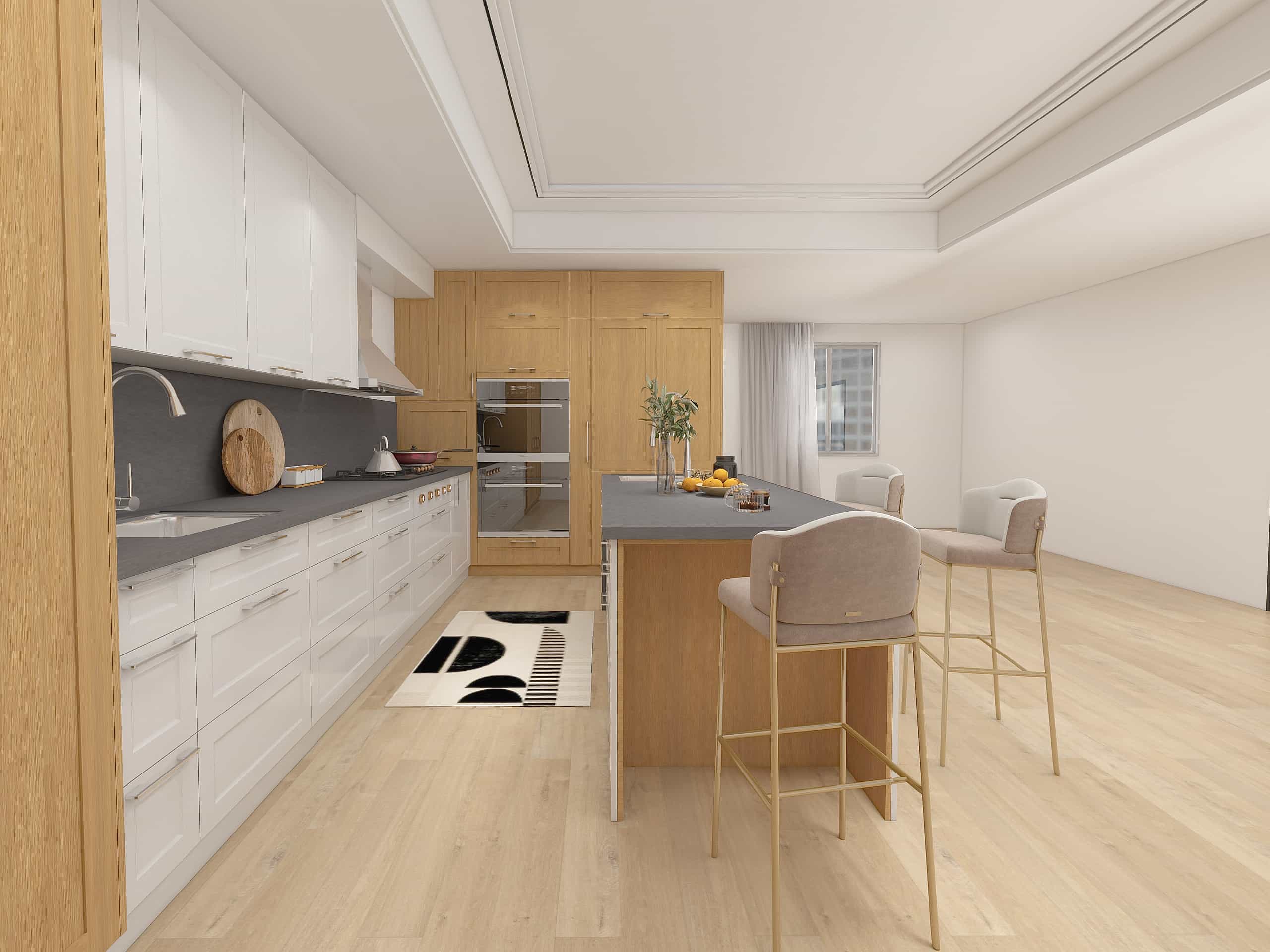Wood Farmhouse Two-tone L Shaped Kitchen Cabinets