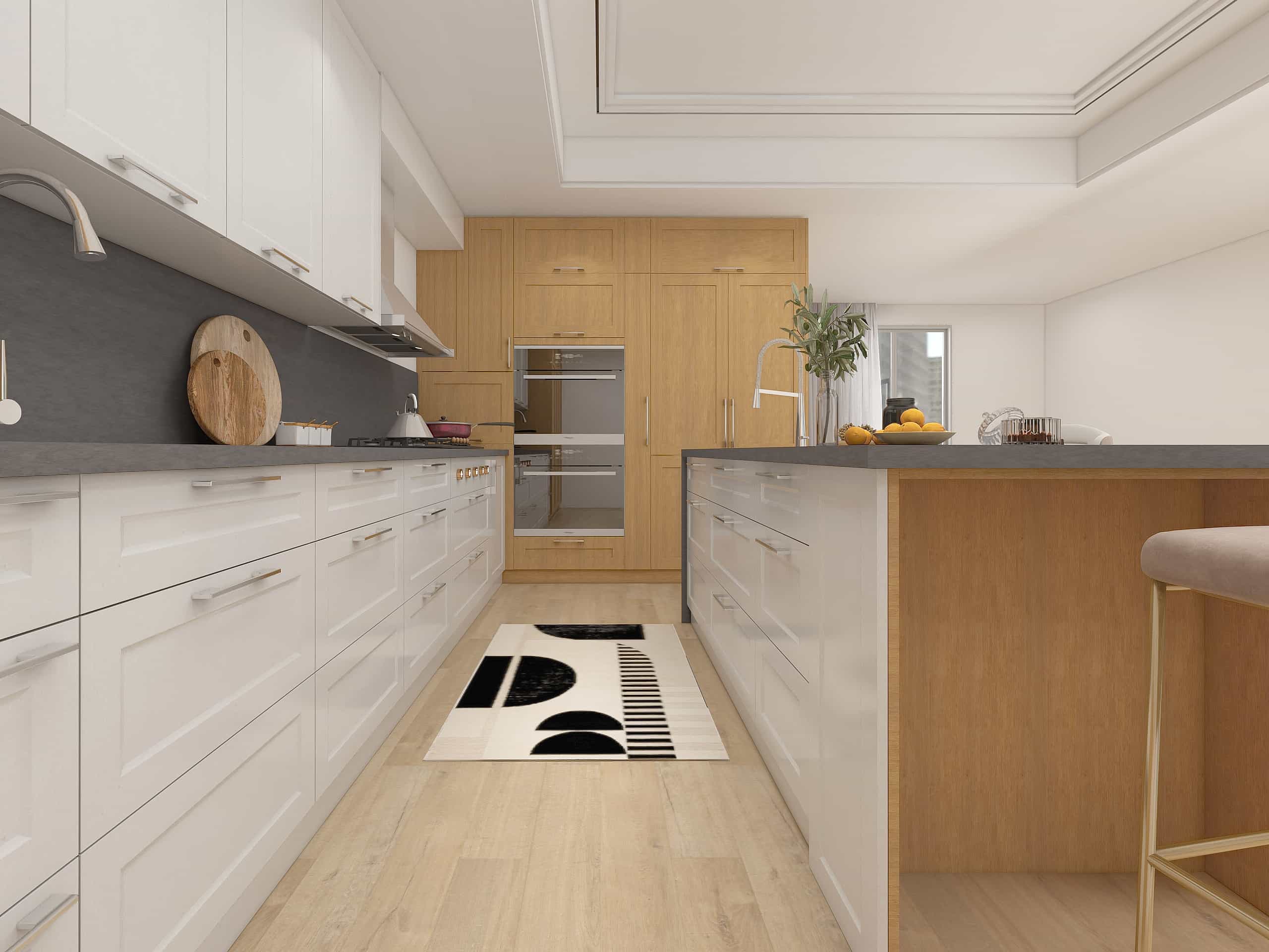 Wood Farmhouse Two-tone L Shaped Kitchen Cabinets