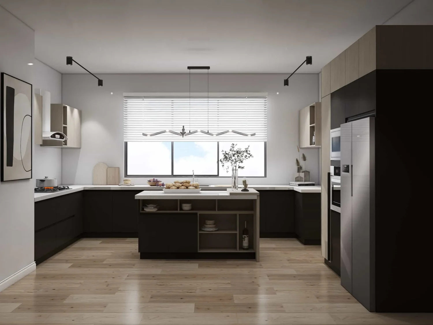 Black and Wood U-Shaped Two Tone Particle board Cabinets - PA Kitchen