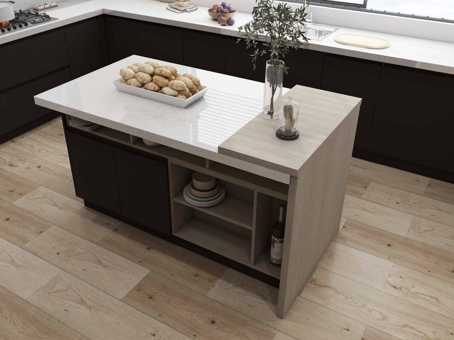 Black and Wood U-Shaped Two Tone Cabinets