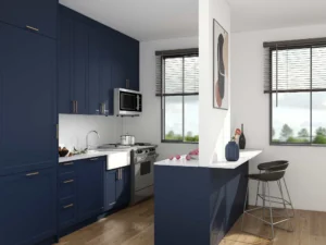 Guía de compra de gabinetes de cocina lacados 5 Gabinetes de cocina pequeños de galería moderna lacada en azul