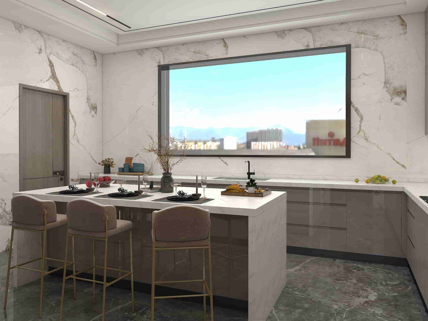 Lacquer Modern Light Gray Kitchen Cabinets With Island