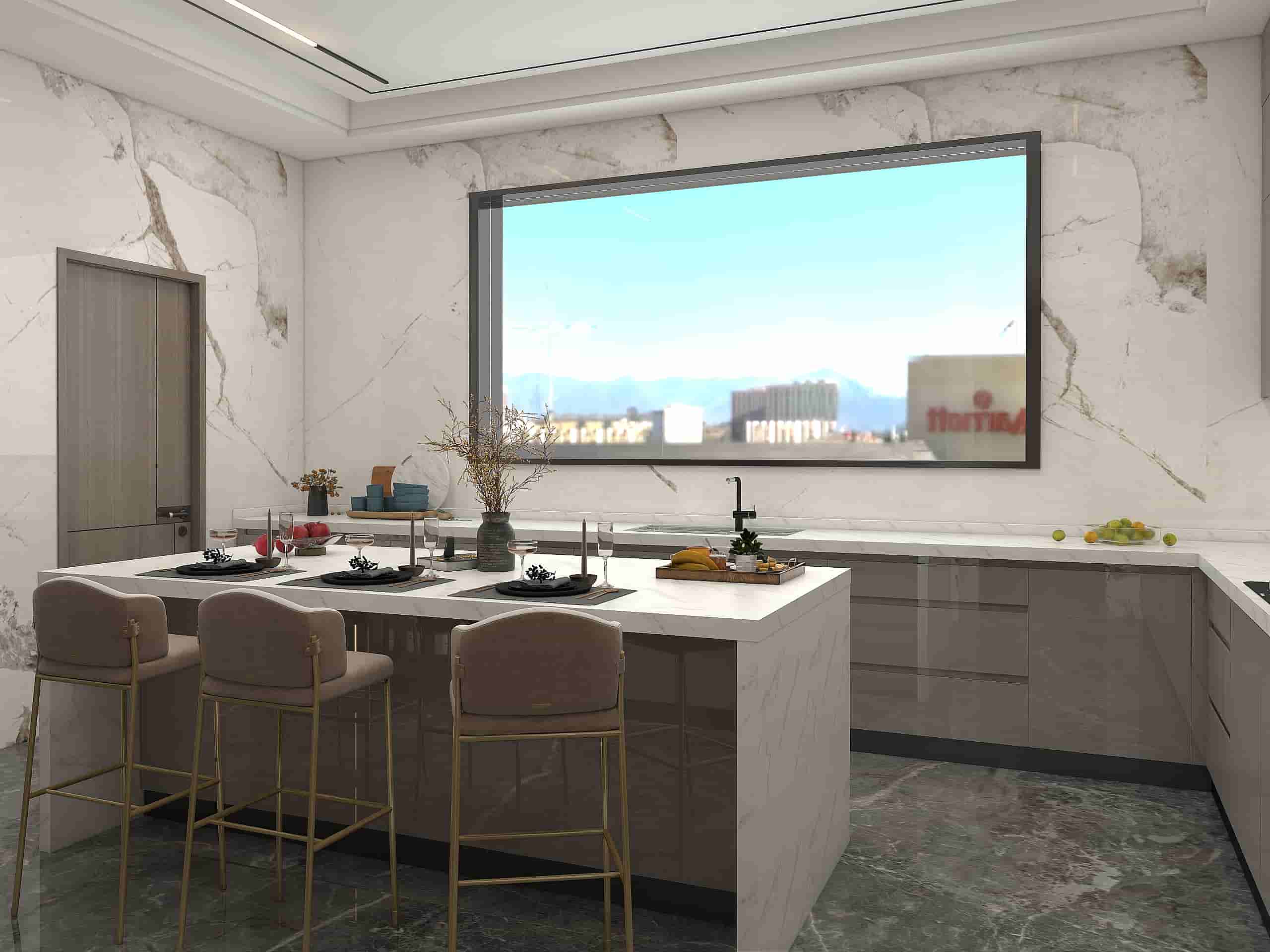 Lacquer Modern Light Gray Kitchen Cabinets With Island