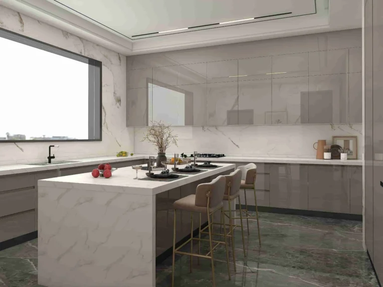 Lacquer Modern Light Gray Kitchen Cabinets With Island