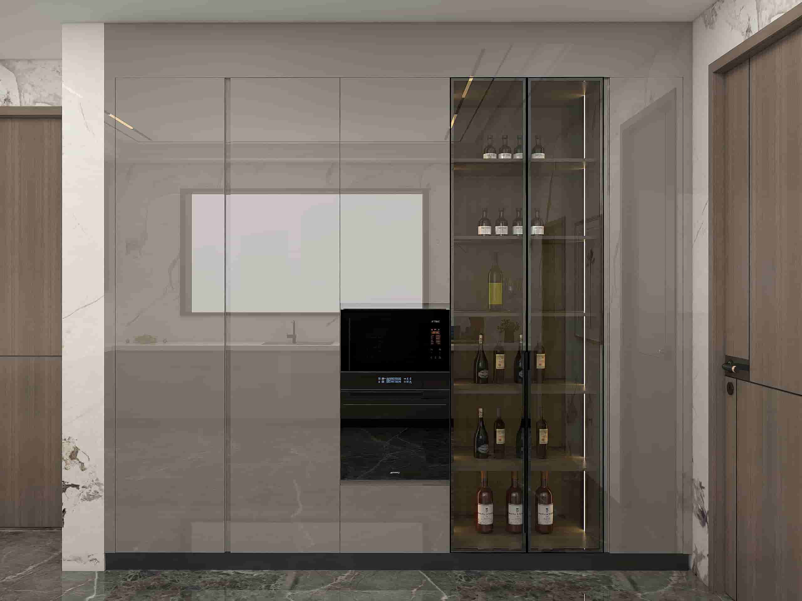 Lacquer Modern Light Gray Kitchen Cabinets With Island