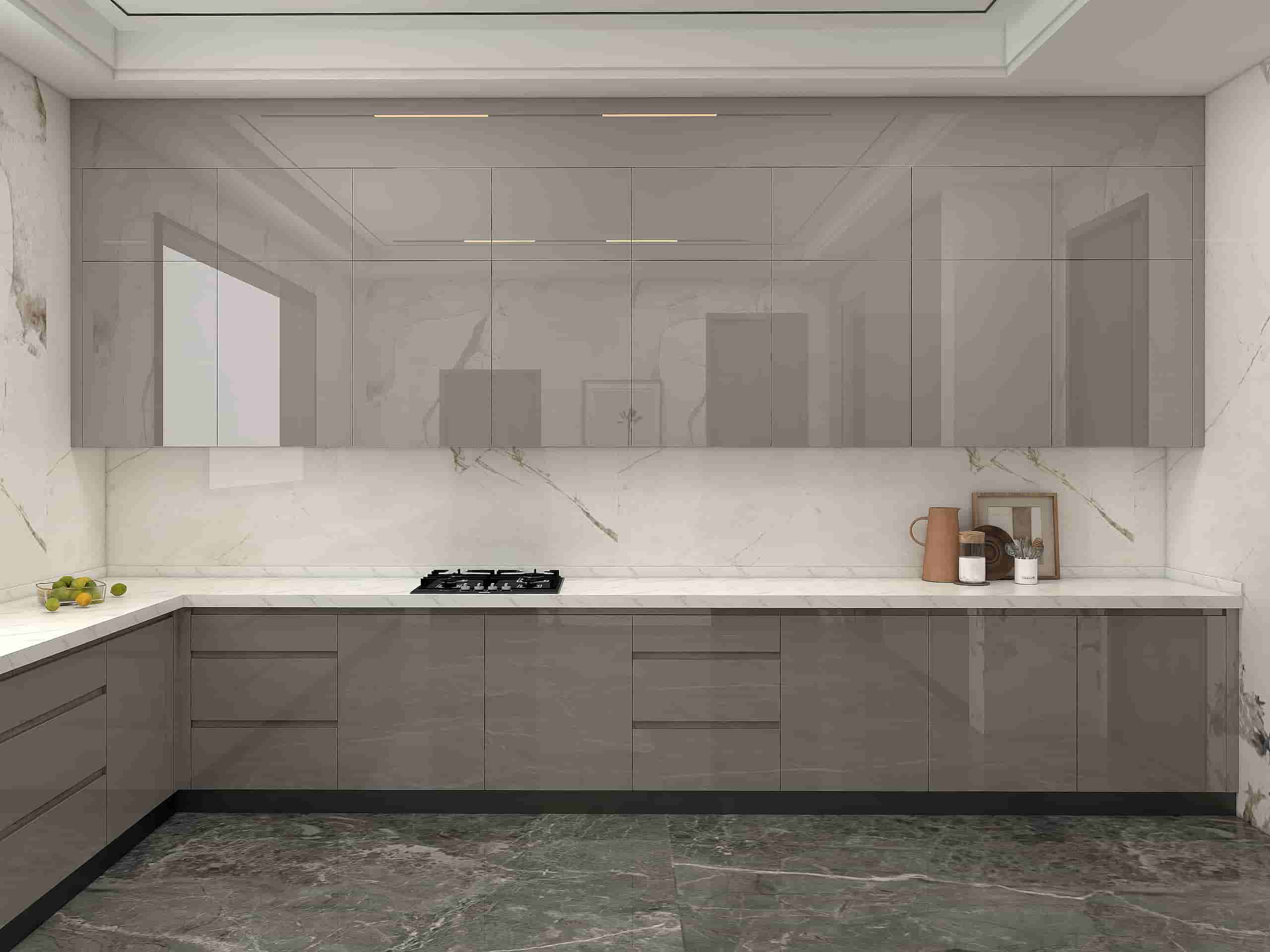 Lacquer Modern Light Gray Kitchen Cabinets With Island