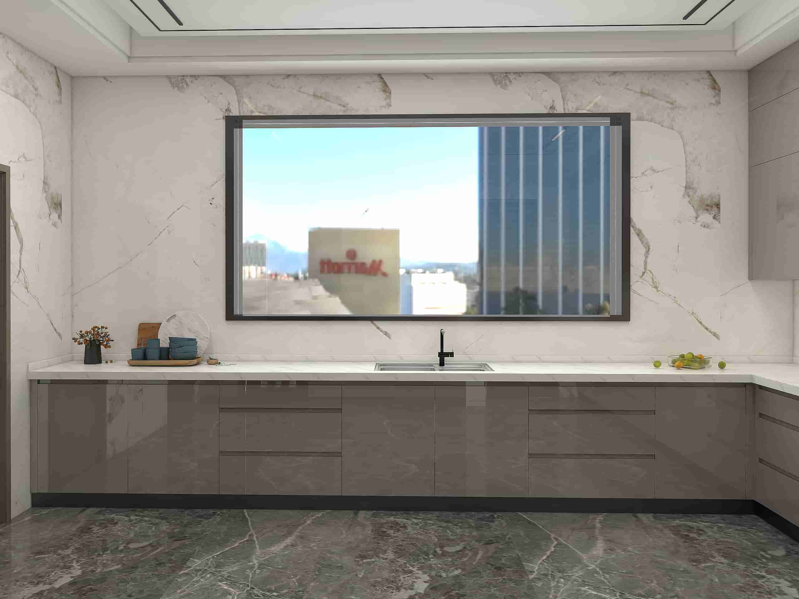 Lacquer Modern Light Gray Kitchen Cabinets With Island