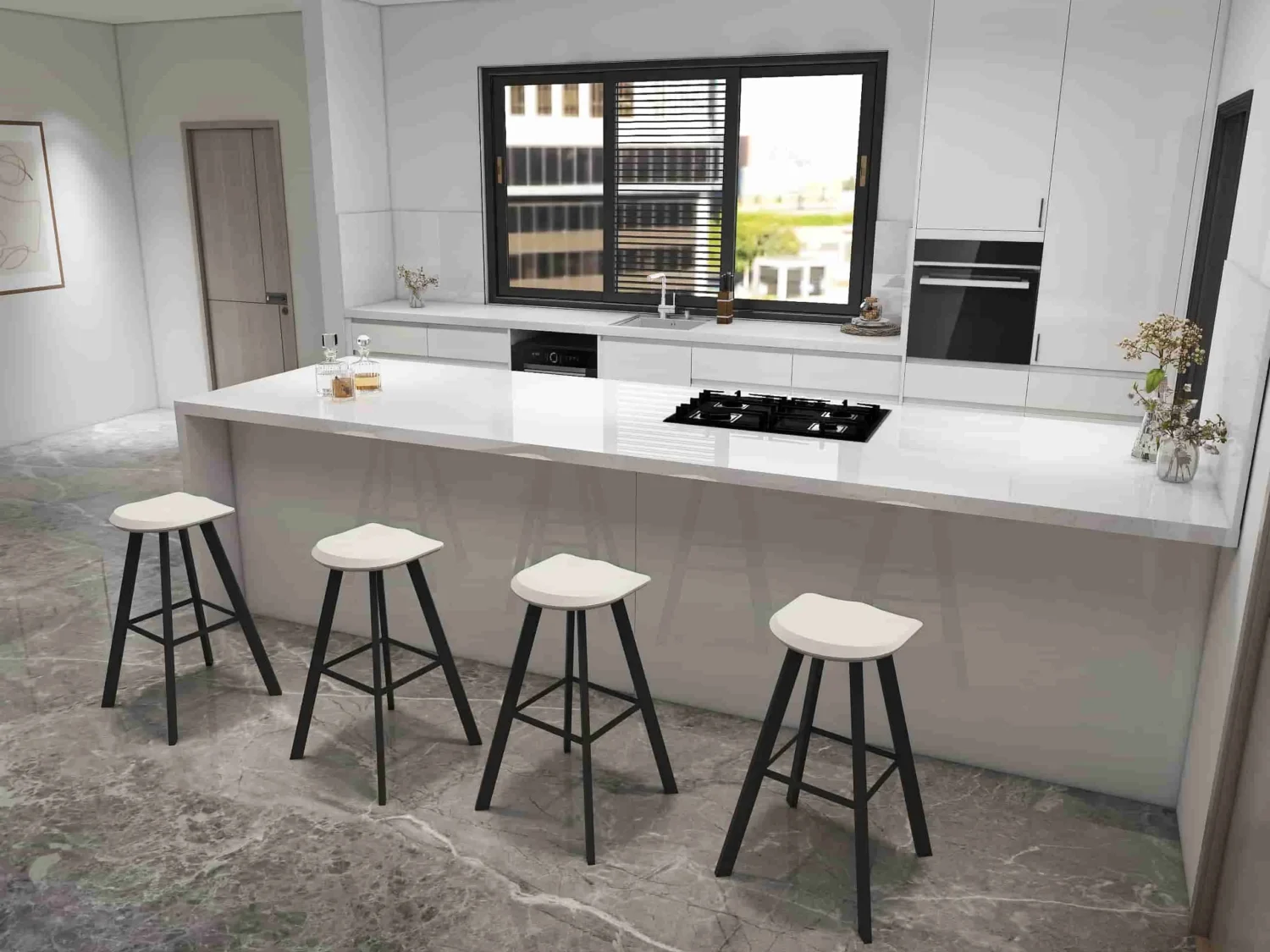 Gabinetes de cocina grises modernos de elegancia minimalista en un diseño de galería elegante