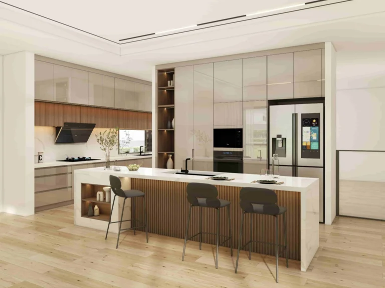 Modern Antique Cream Kitchen Cabinets with Wood Floor