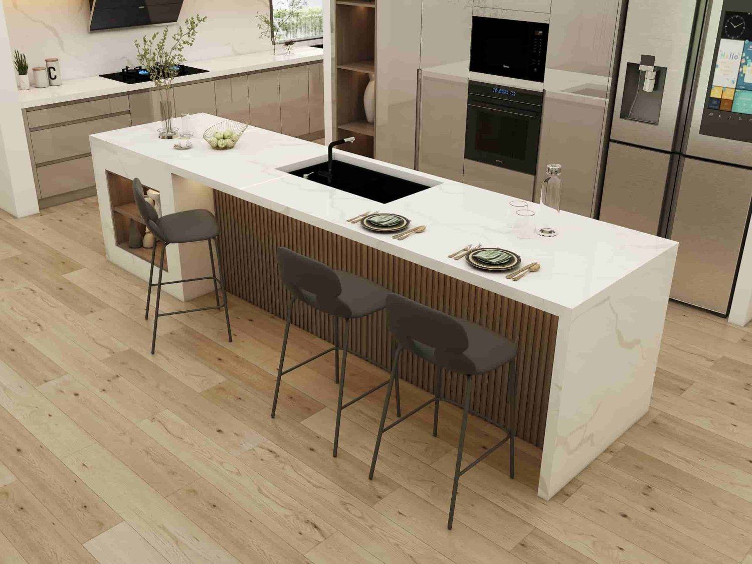Modern Antique Cream Kitchen Cabinets with Wood Floor