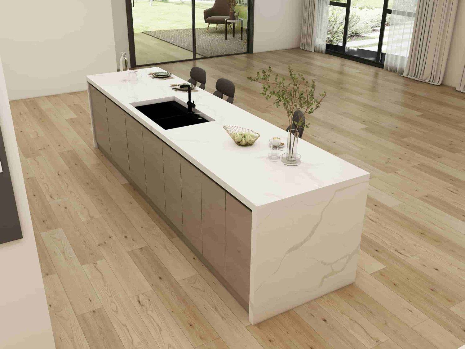 Modern Antique Cream Kitchen Cabinets with Wood Floor