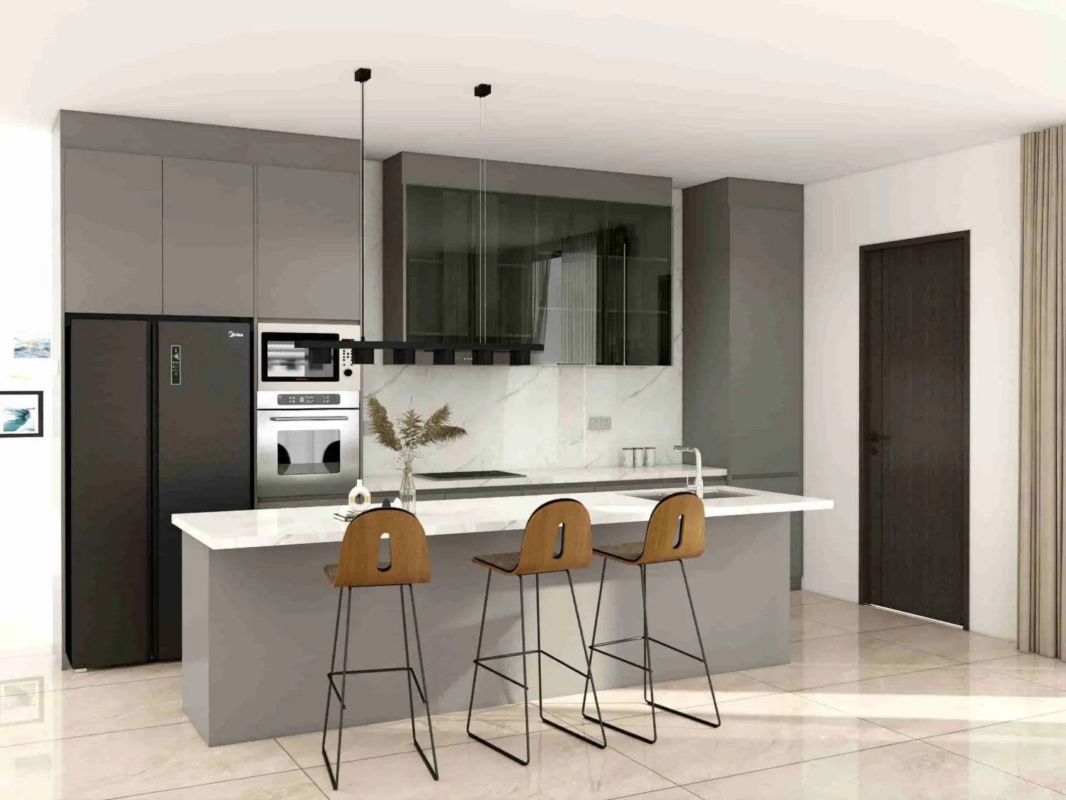 Modern Dark Laminate Gray Kitchen Cabinets with Island - PA Kitchen