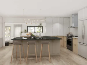 Modern Elegance Grey and Wood Two Tone Shaker Kitchen with Island Cabinets