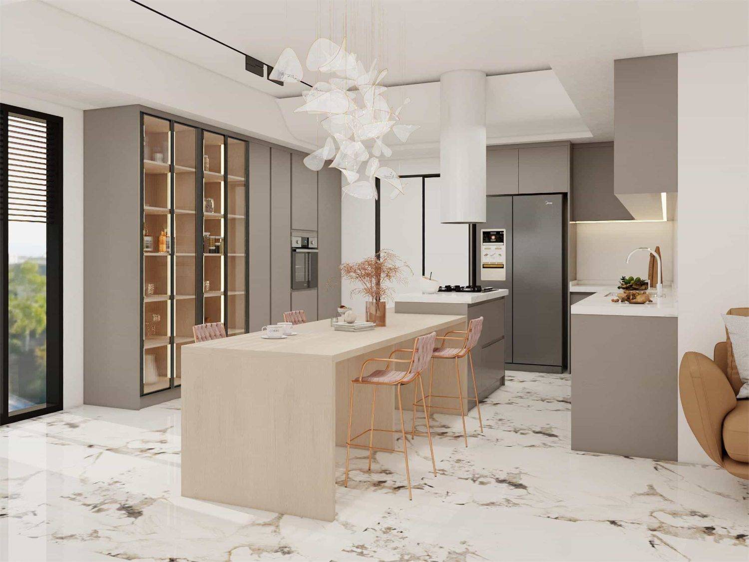 Modern Gray U-Shaped Kitchen Island Cabinets