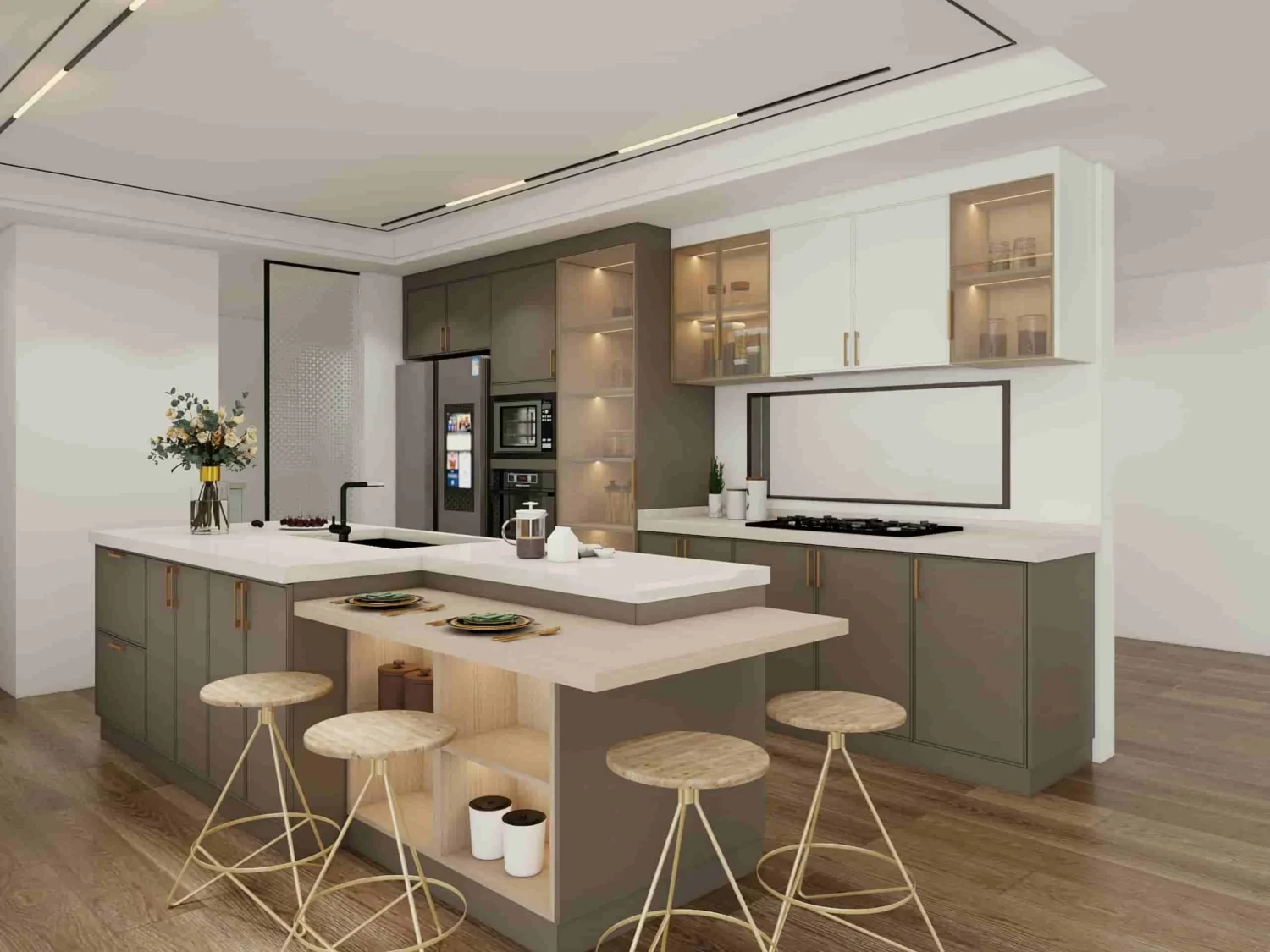 Modern Green Gray Kitchen Cabinets with Island