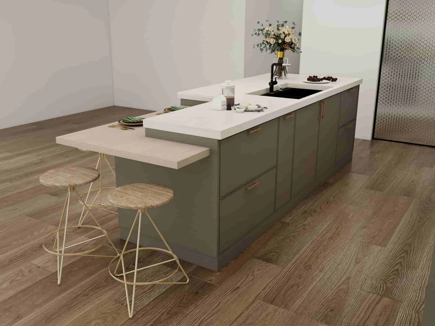 Gabinetes de cocina modernos de color verde grisáceo con isla