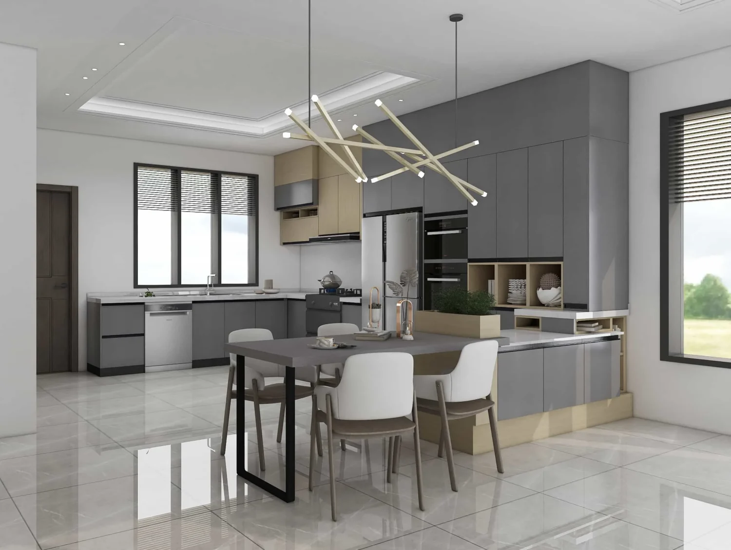 Modern L-Shaped Grey Two-tone Kitchen Cabinets