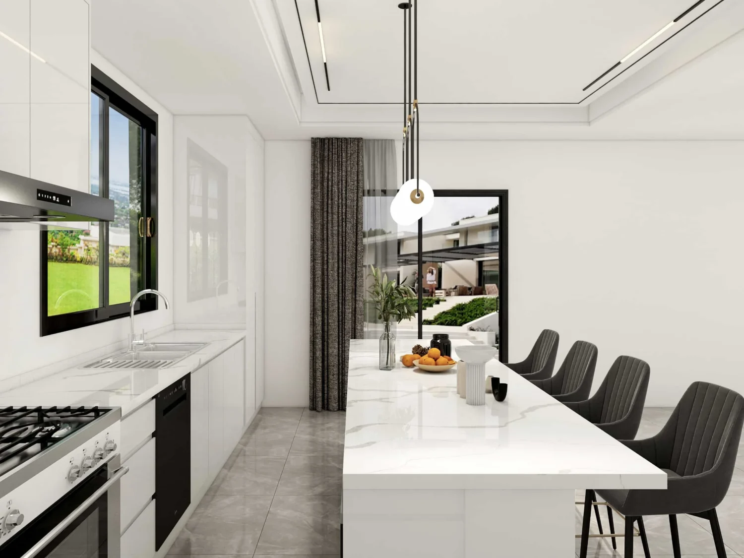 Modern L-Shaped Light White Kitchen Cabinets