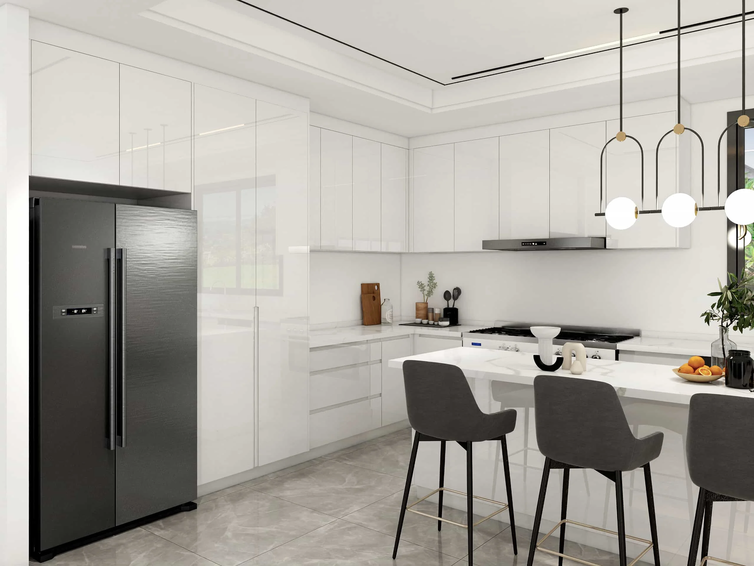 Modern L-Shaped Light White Lacquer Laminate Kitchen Cabinets 1 Modern L-Shaped Light White Kitchen Cabinets