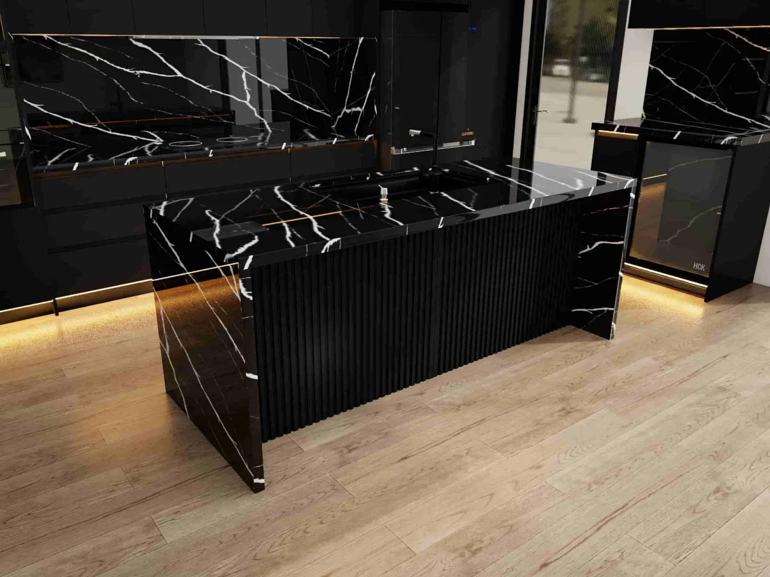 Lemari Dapur Bernoda Hitam Marmer Modern