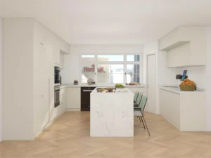 Modern U-Shaped Cream Colored Kitchen Cabinets