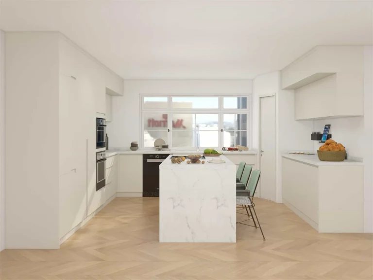 Modern U-Shaped Cream Colored Kitchen Cabinets