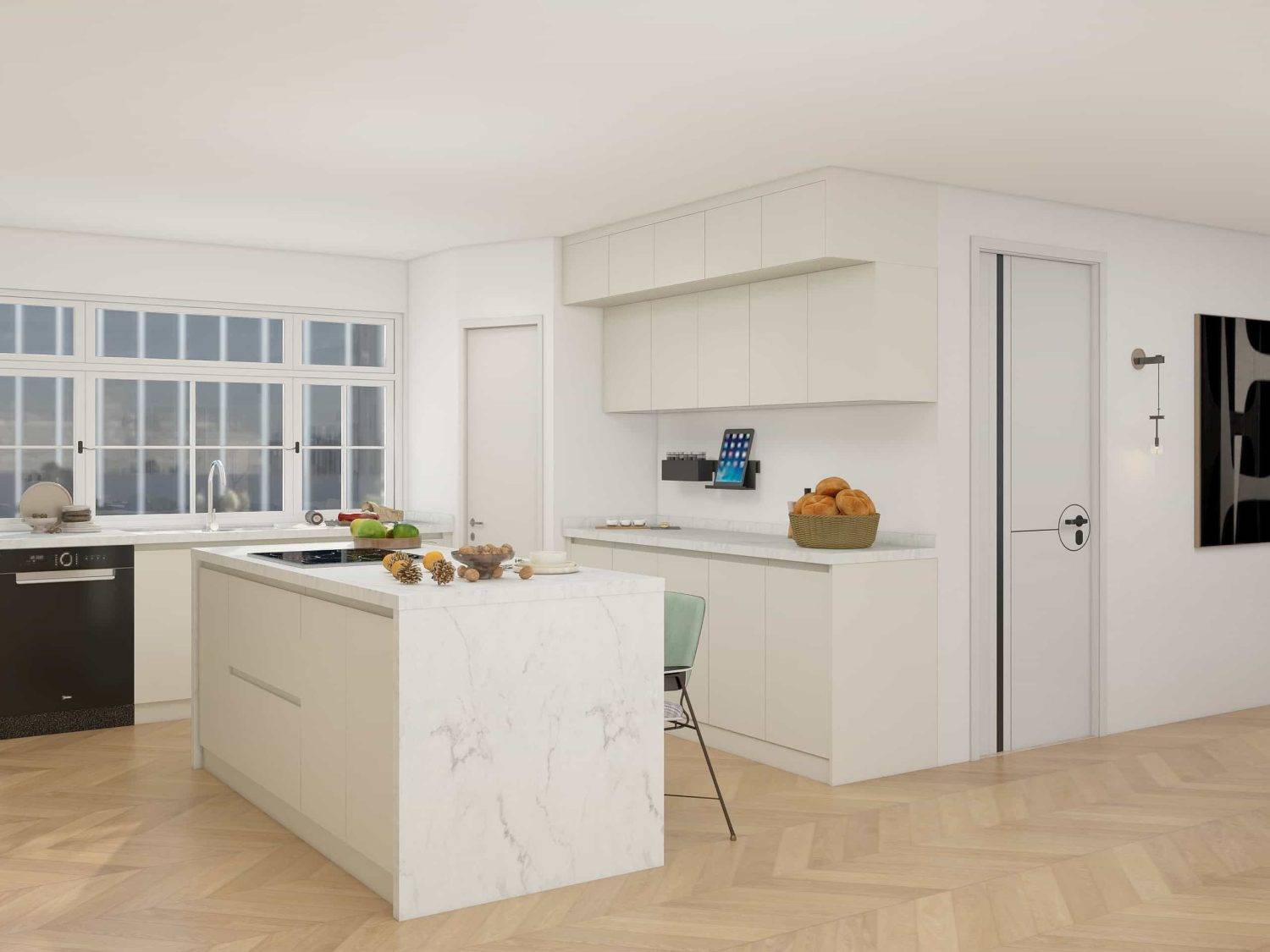Modern U-Shaped Cream Colored Kitchen Cabinets