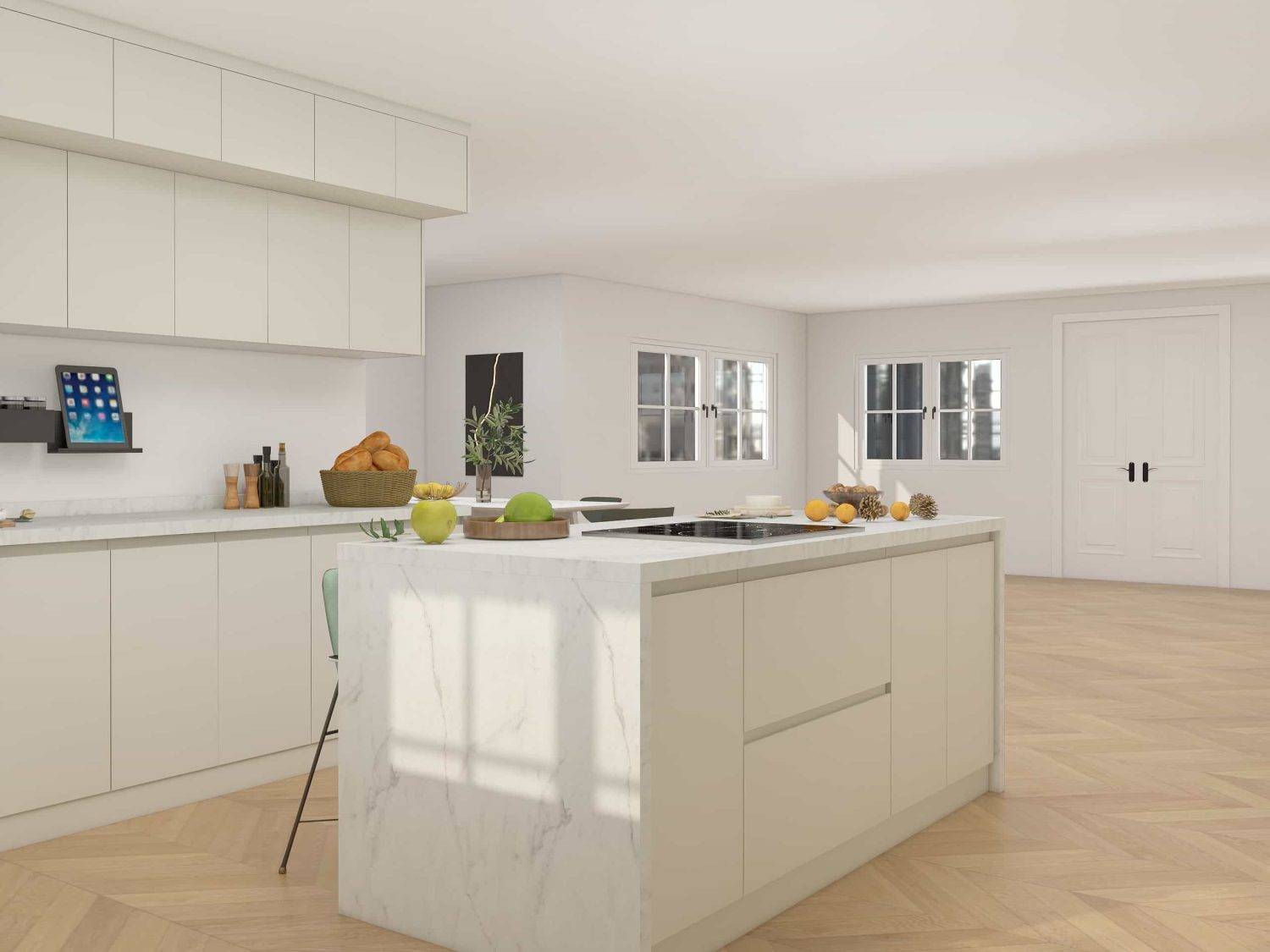 Modern U-Shaped Cream Colored Laminate Kitchen Cabinets 2 Modern U-Shaped Cream Colored Kitchen Cabinets