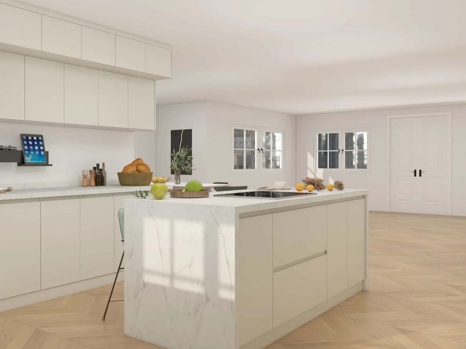 Modern U-Shaped Cream Colored Kitchen Cabinets