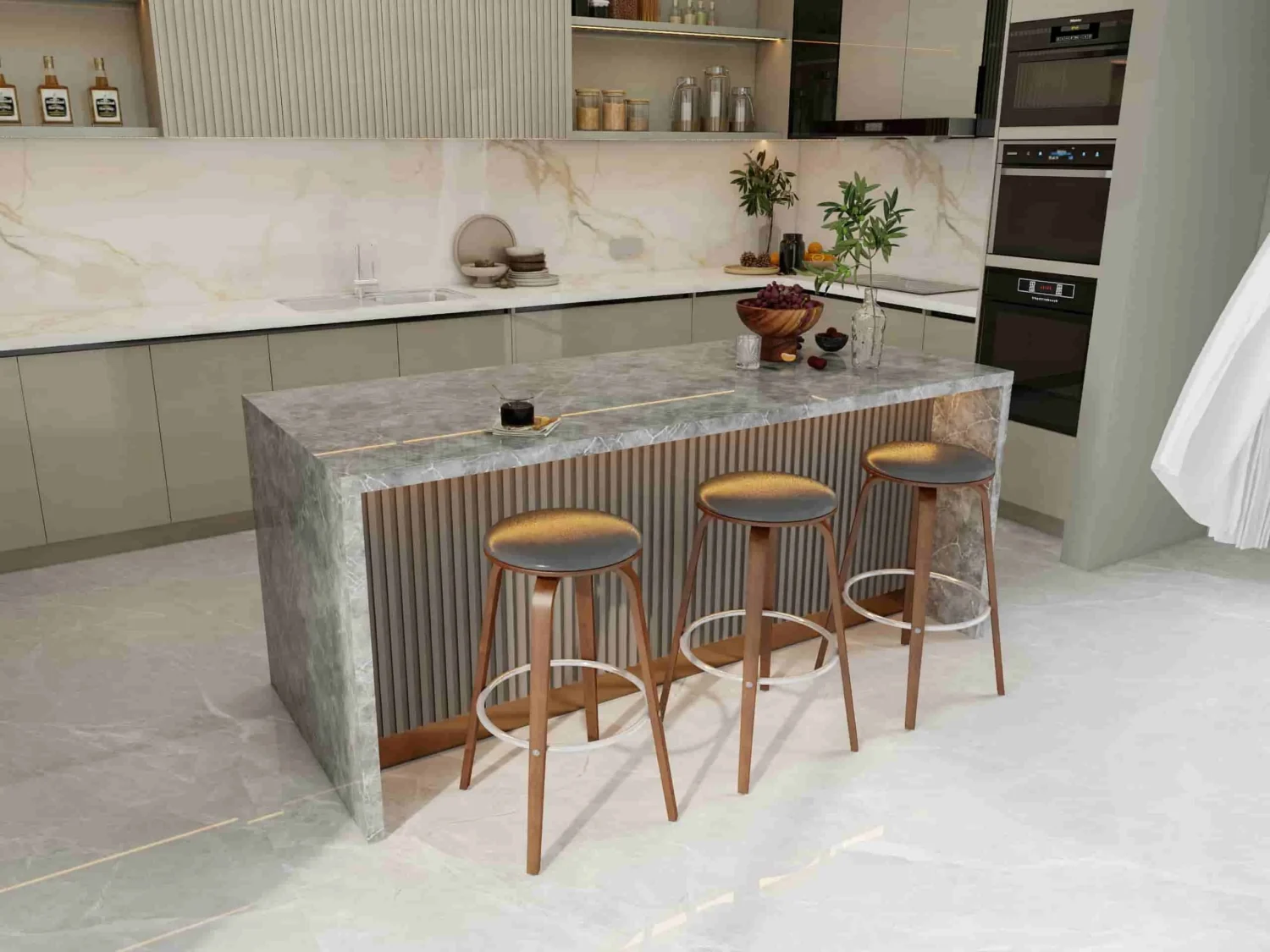 Modern U-Shaped Gray Green Kitchen Cabinets