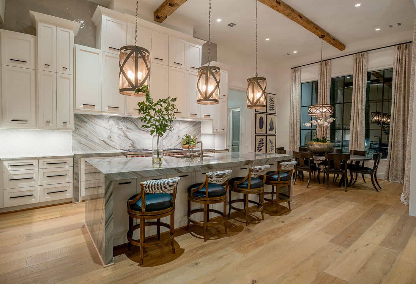 Stone backsplash with marble cabinets