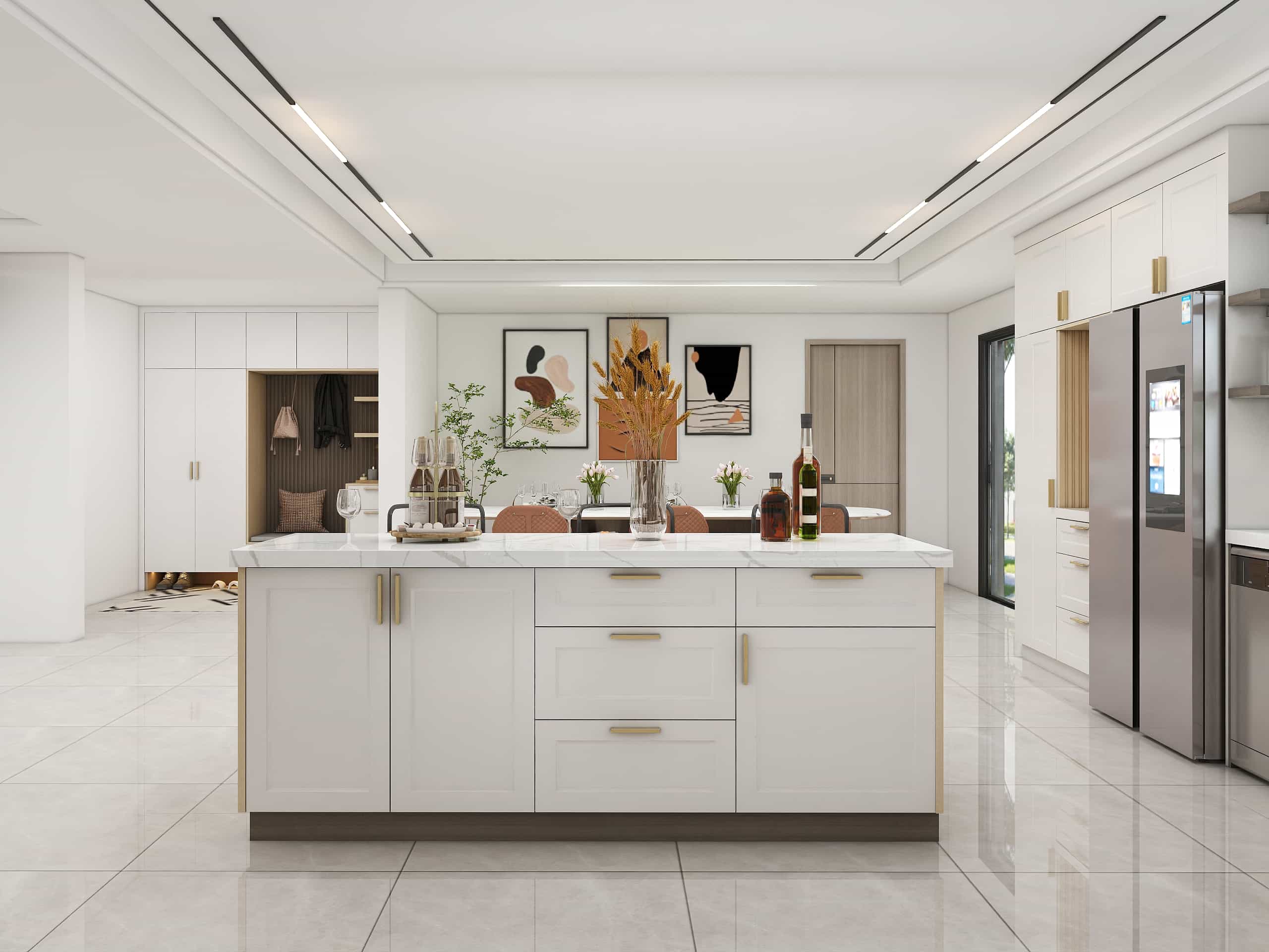 White Modern L-Shaped Grille Kitchen Cabinets with Island