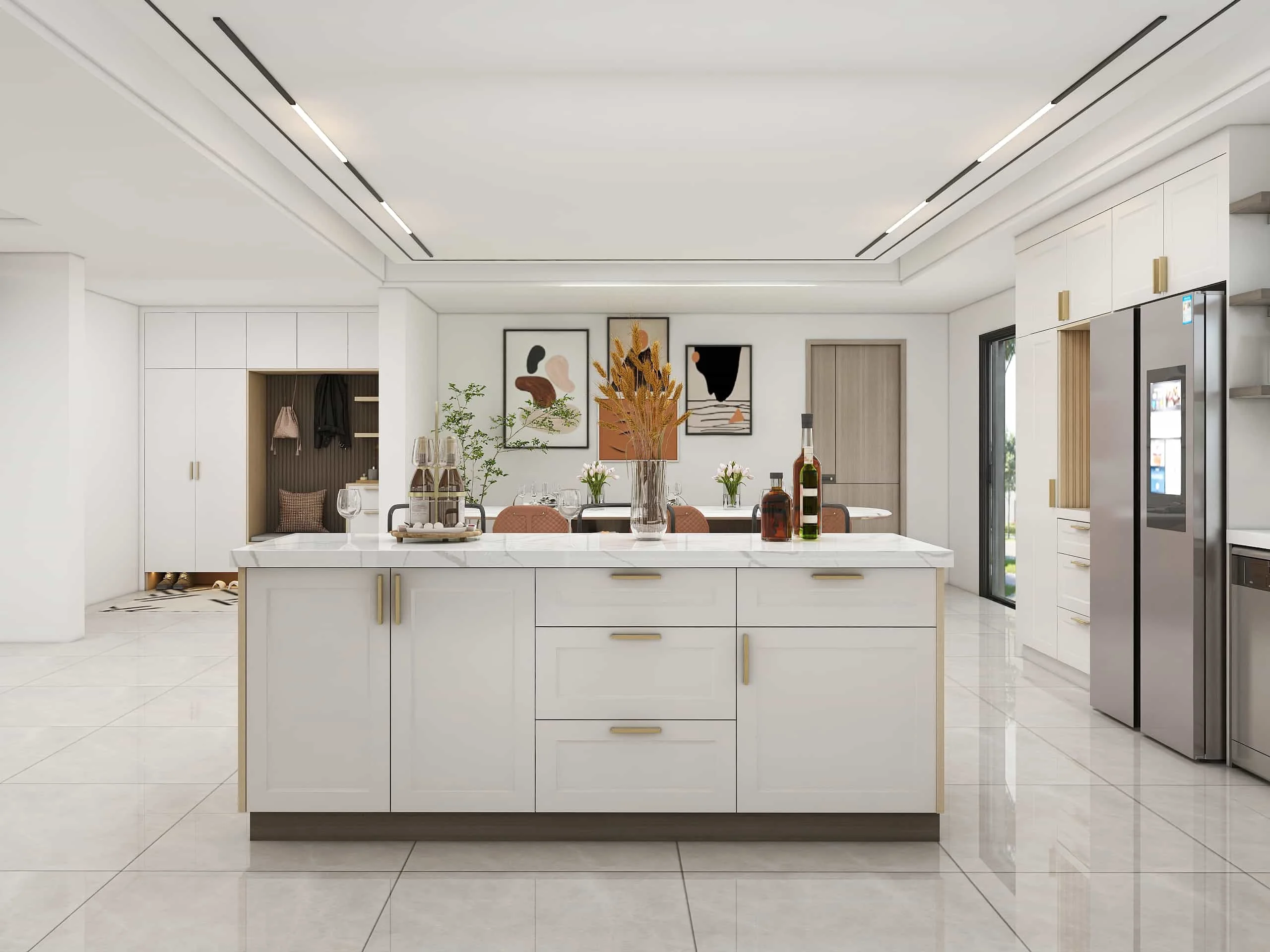 White PVC Modern L-Shaped Grille Kitchen Cabinets with Island 5 White Modern L-Shaped Grille Kitchen Cabinets with Island