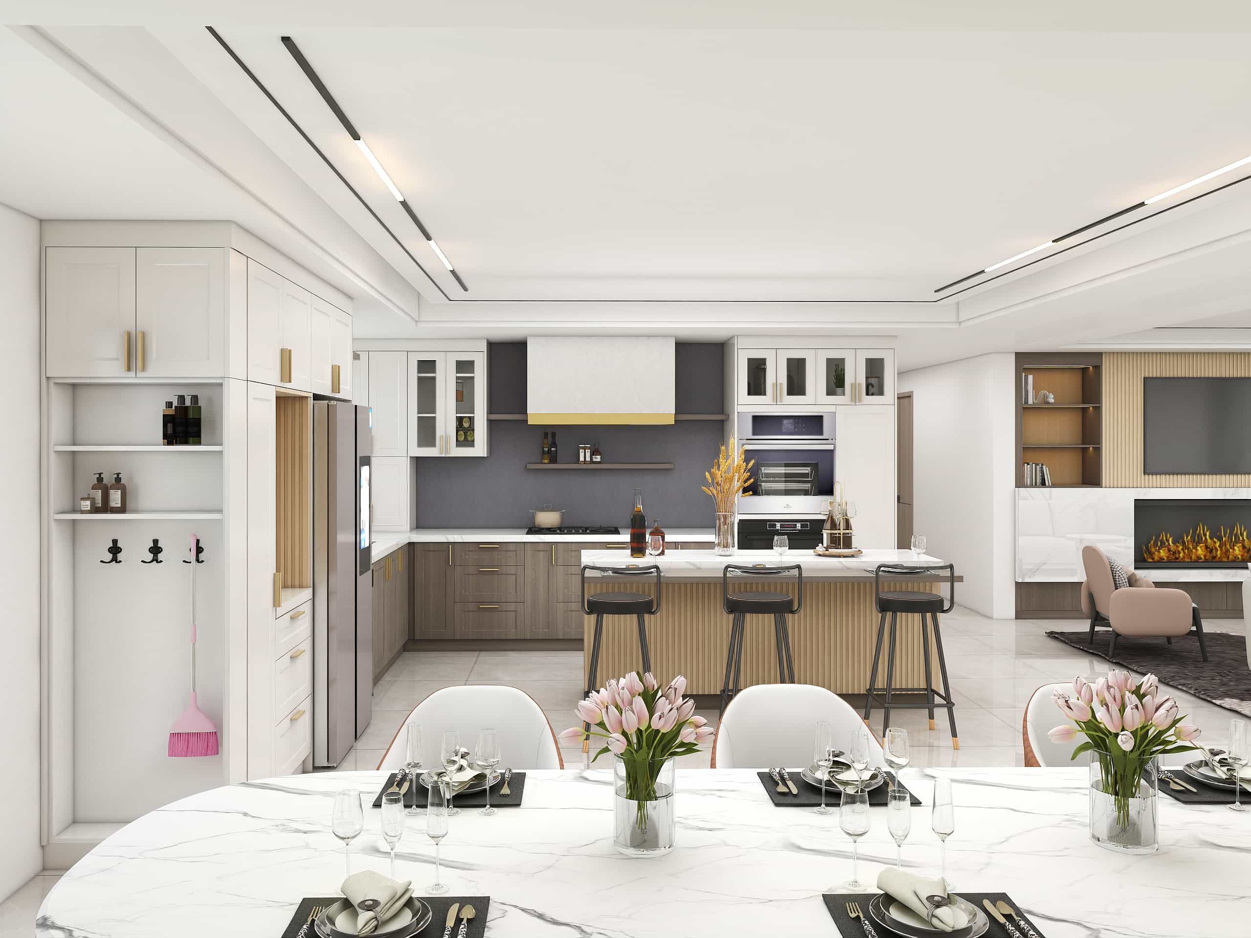 White Modern L-Shaped Grille Kitchen Cabinets with Island