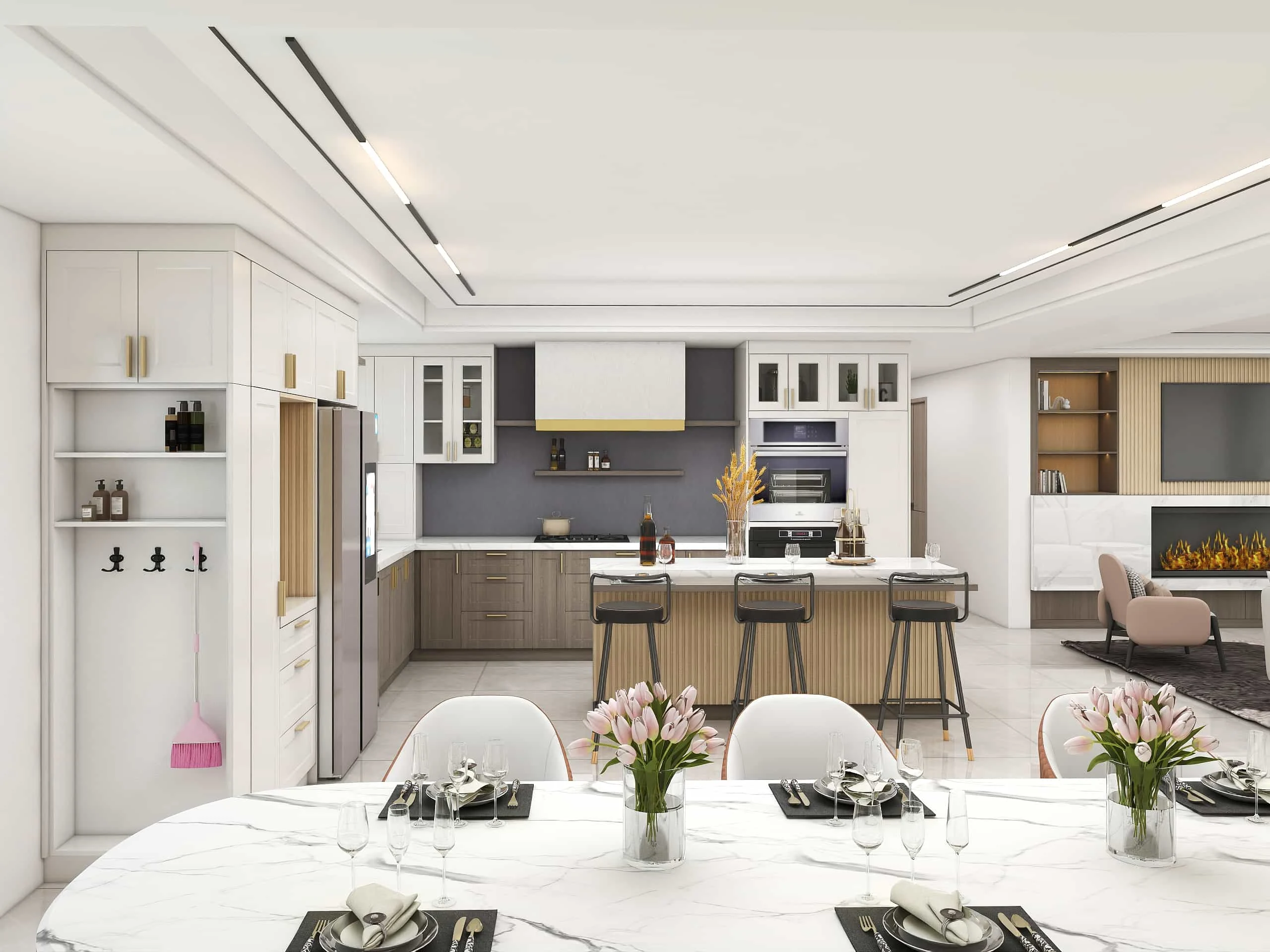 White PVC Modern L-Shaped Grille Kitchen Cabinets with Island 4 White Modern L-Shaped Grille Kitchen Cabinets with Island