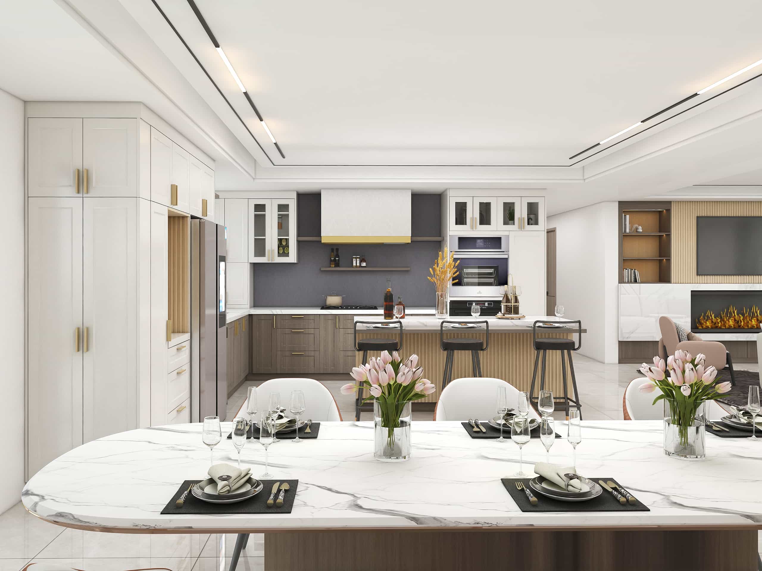 White Modern L-Shaped Grille Kitchen Cabinets with Island