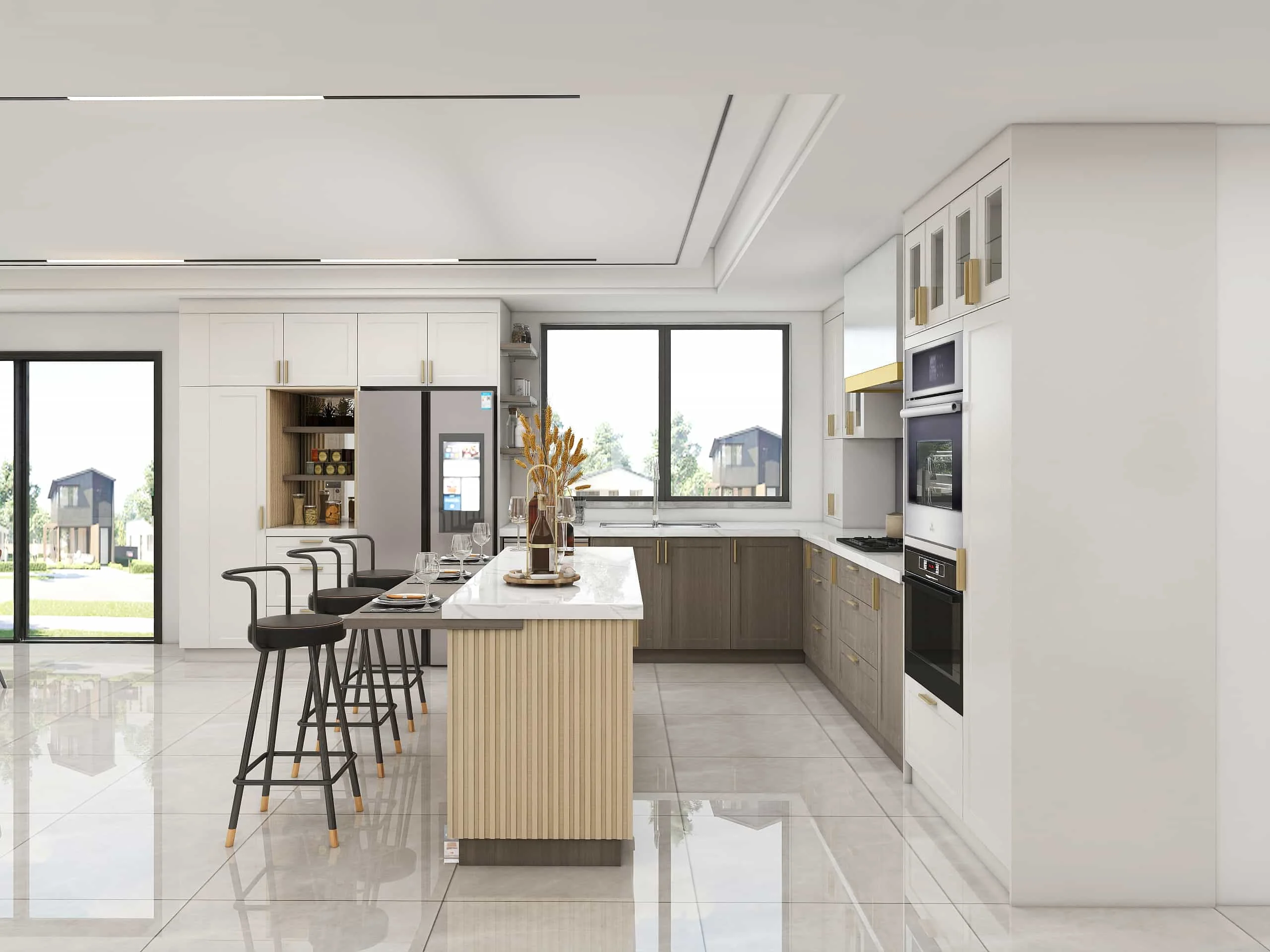 White PVC Modern L-Shaped Grille Kitchen Cabinets with Island 2 White Modern L-Shaped Grille Kitchen Cabinets with Island