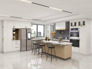 White Modern L-Shaped Grille Kitchen Cabinets with Island