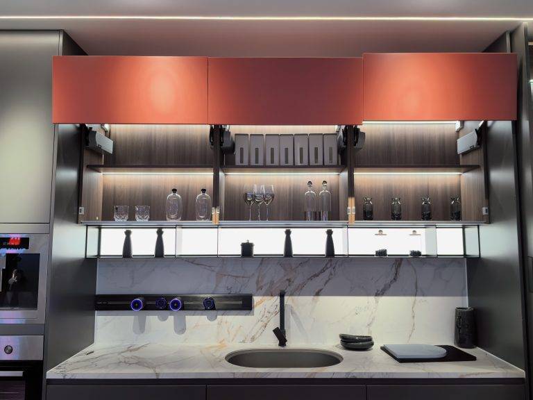 Gray & Red cabinetry