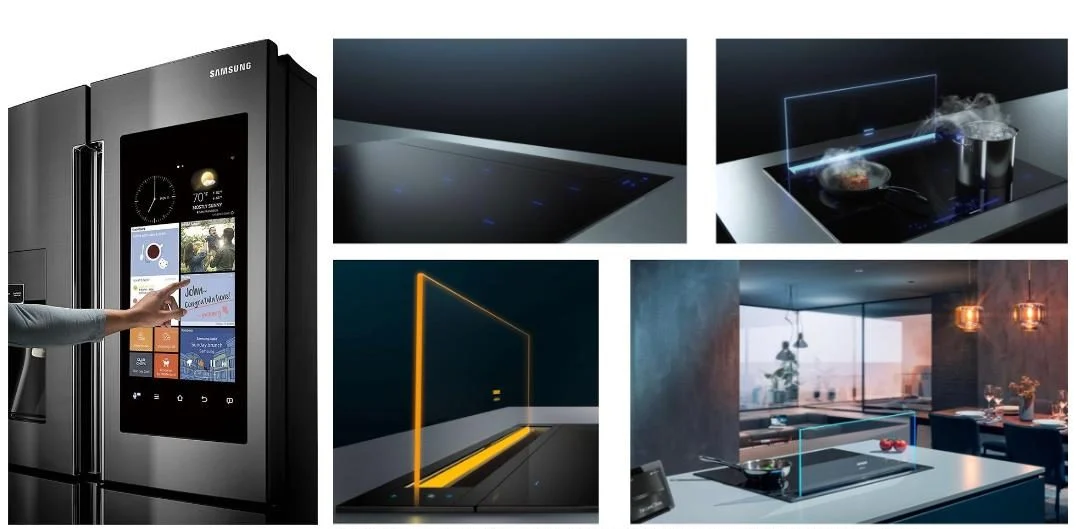 O exaustor retrátil Smart Glassdraft Air da Siemens, com iluminação ambiente, desaparece na bancada e nos armários da cozinha.